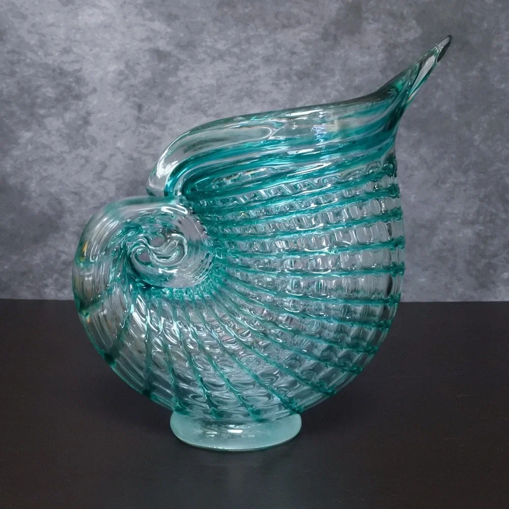 Hand Blown Art Glass Green Blue Nautilus Conch Sea Shell Vase